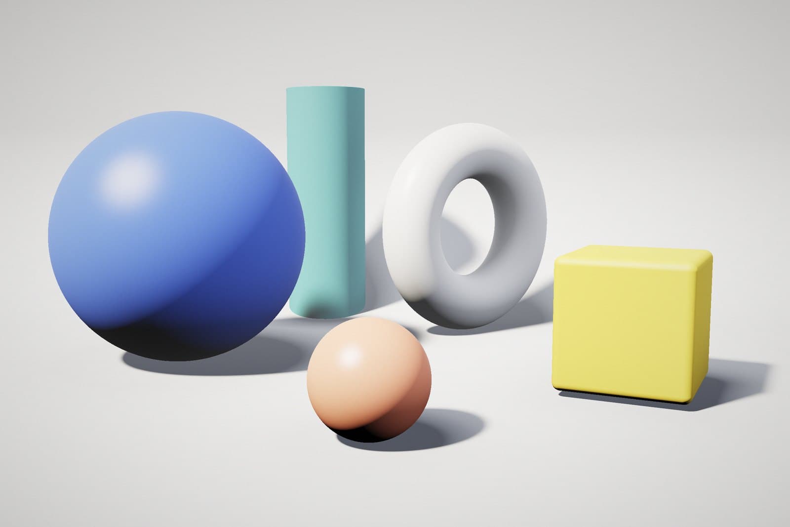 Rendu 3D : une sphère bleue, un cylindre turquoise, un tore blanc, une petite sphère pêche et un cube jaune sur fond gris clair